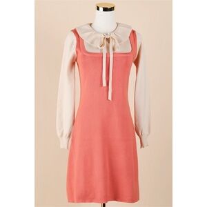 Sz L Zara Coral Cream Lotus Leaf Collar Bow Knit Long Sleeve Midi Dress GUC